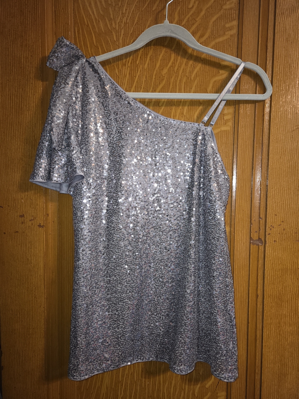 Silver One-Shoulder Sequin Camisole with Ruffle Sleeve